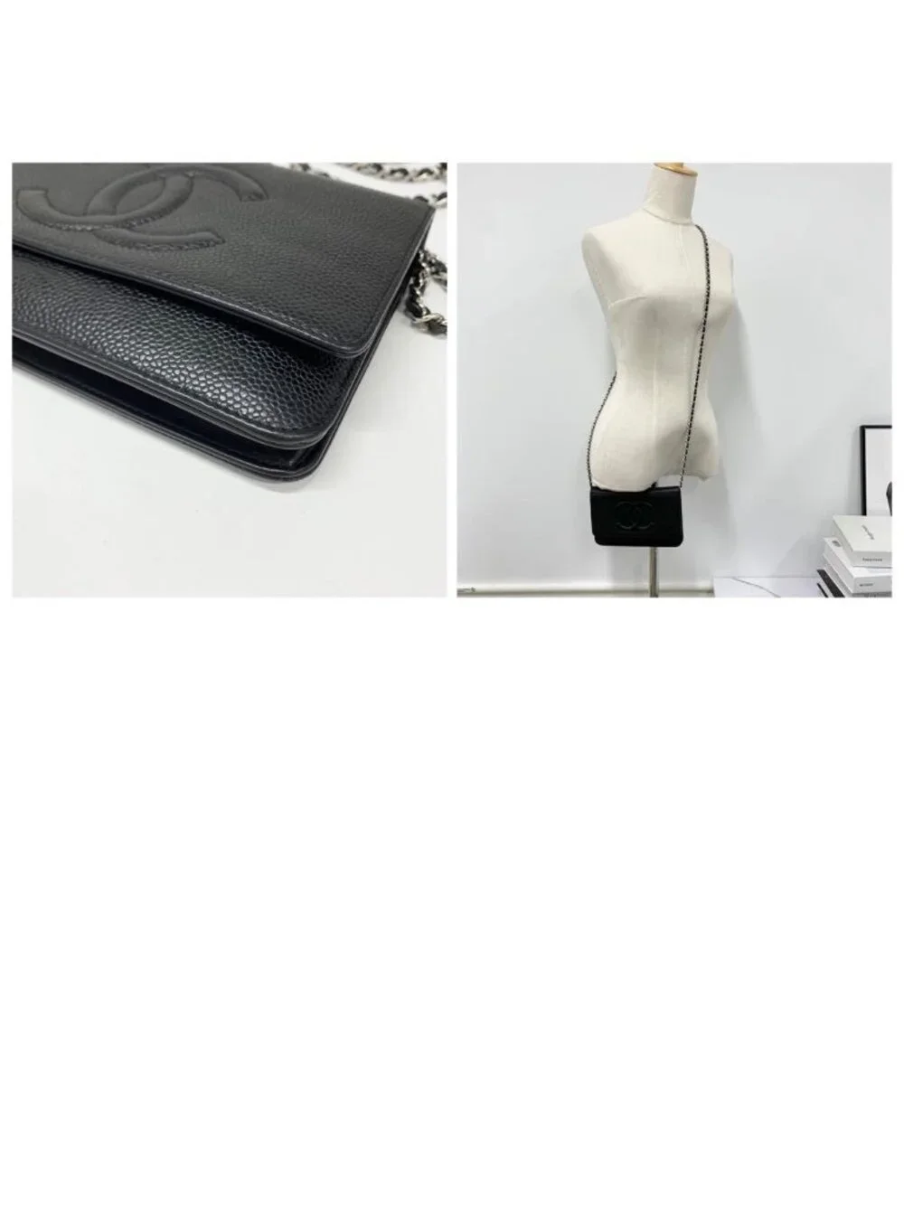 Chanel Caviar Leather CC Logo Shoulder Bag Chain Wallet
